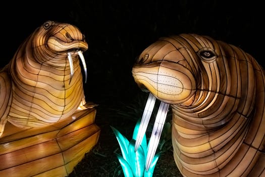 Stunning glowing walrus lanterns showcasing artistic craftsmanship at night.
