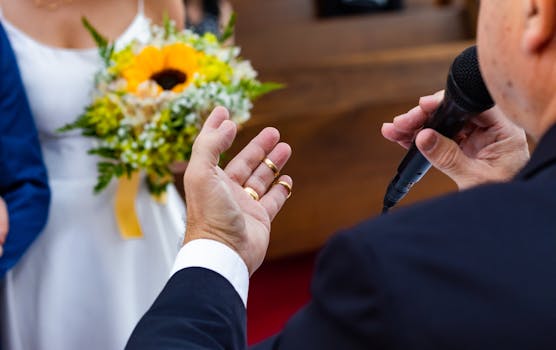 Close-up view of a wedding ceremony with microphone and bright bouquet, highlighting rings and vibrant flower.