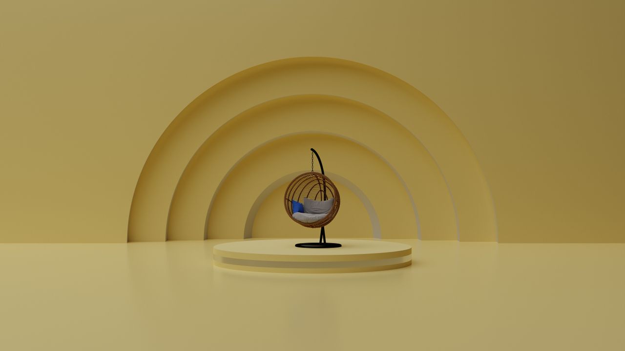 modern minimalist room featuring a yellow backdrop and a unique hangin
