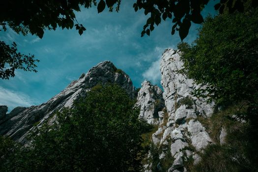 崎岖的岩石与充满活力的蓝天相映，郁郁葱葱的绿色植物点缀其间，构成了一幅令人惊叹的景色