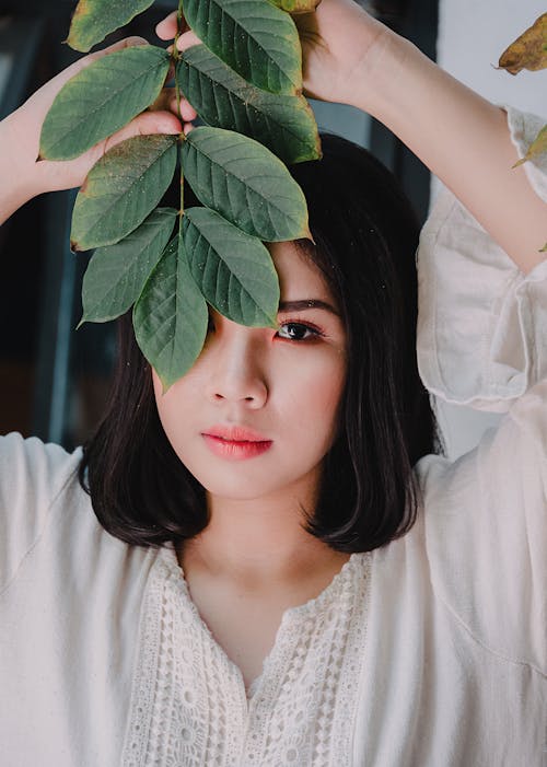 Free Woman Standing While Holding Green Leaves Stock Photo