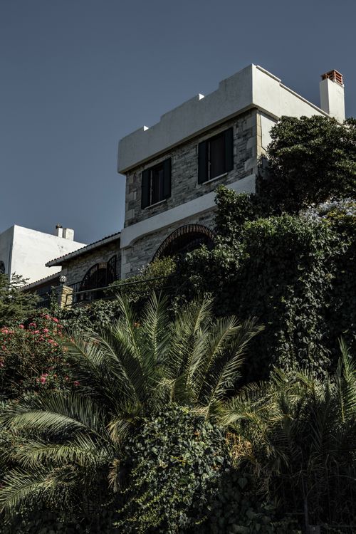 Free Elegant stone house surrounded by vibrant greenery and palm trees in a bright urban setting. Stock Photo