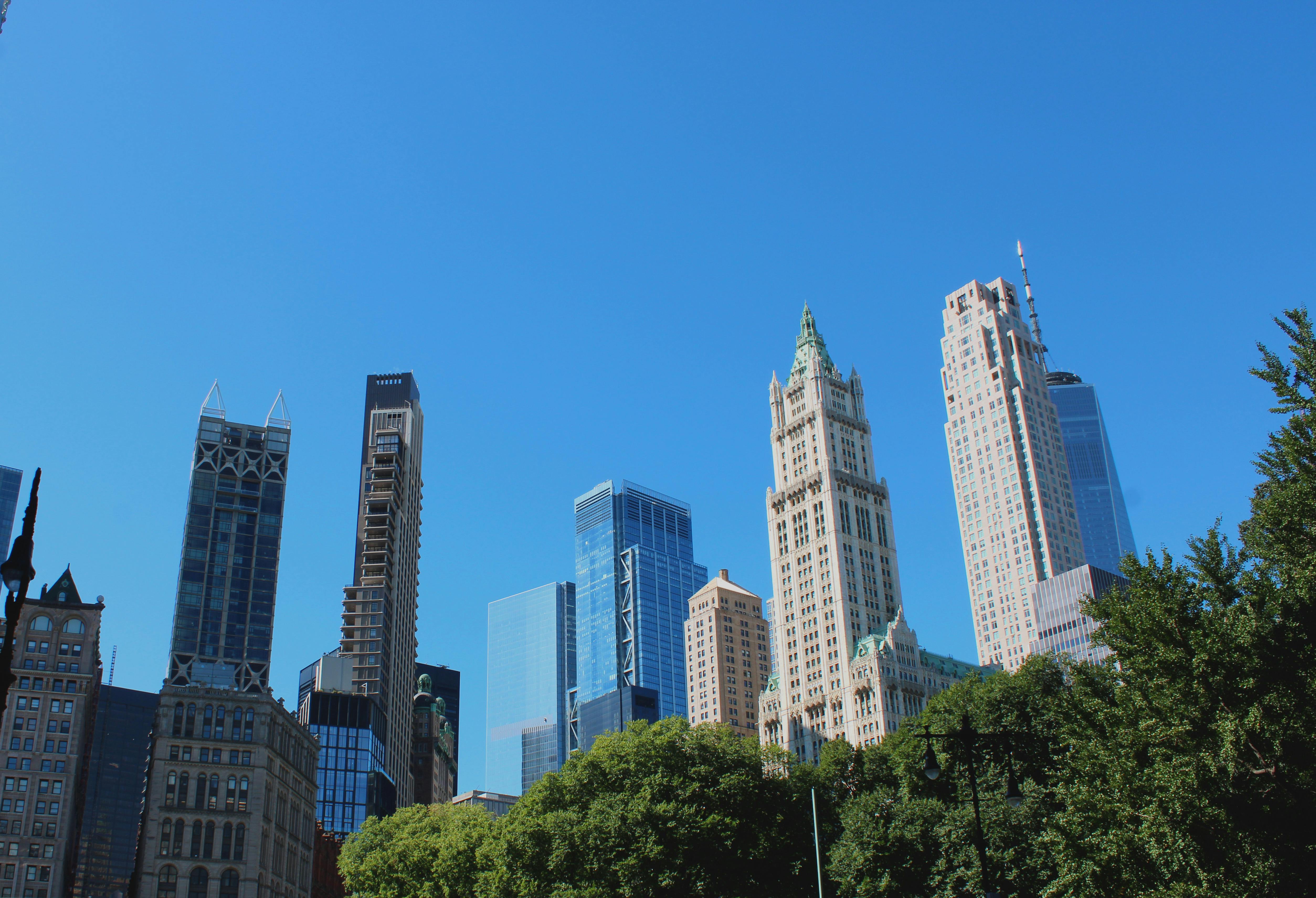 low angle shot of the manhattan skyline