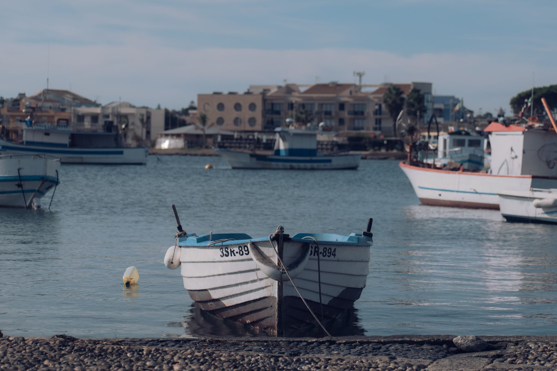 Fishing boats moored at Latchi harbour with the Akamas headland behind