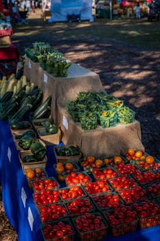 A vibrant selection of vegetables displayed at an outdoor market on a sunny day.