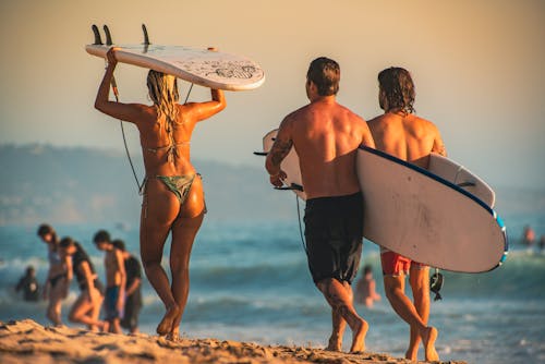 Back View of Three People Carrying Their Surfboards while Walking on Beach Sand