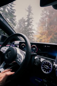 A sleek digital dashboard and steering wheel in a modern car driving through a forest.