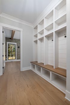 Spacious and stylish entryway featuring white built-in shelves and wooden floor.
