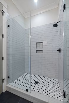 Explore a sleek modern shower in a luxury minimalist bathroom with high-end features.
