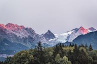 白雪皑皑的山峰在郁郁葱葱的绿色森林之上，闪烁着日出的色彩，令人惊叹