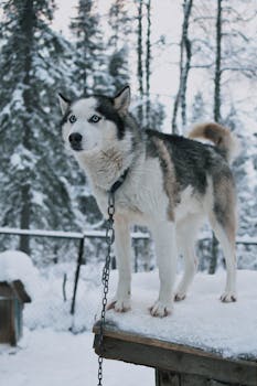 A stunning Husky dog standing on a snowy platform in a winter wonderland.