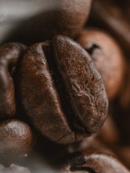 Detailed macro shot of roasted coffee beans with rich texture and color.