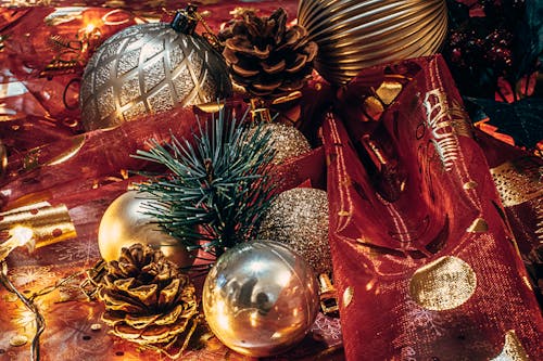 Pine Cones and Christmas Balls in Close Up Photography