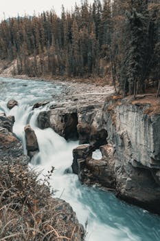 在加拿大贾斯珀国家公园，迷人的瀑布流经崎岖的岩石和郁郁葱葱的森林