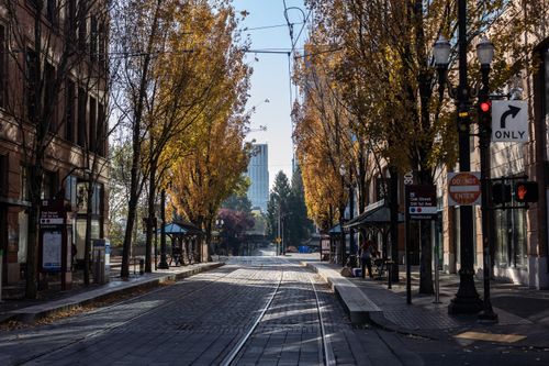 Free Autumn urban scene with tram tracks, fallen leaves, and empty sidewalks in city setting. Stock Photo