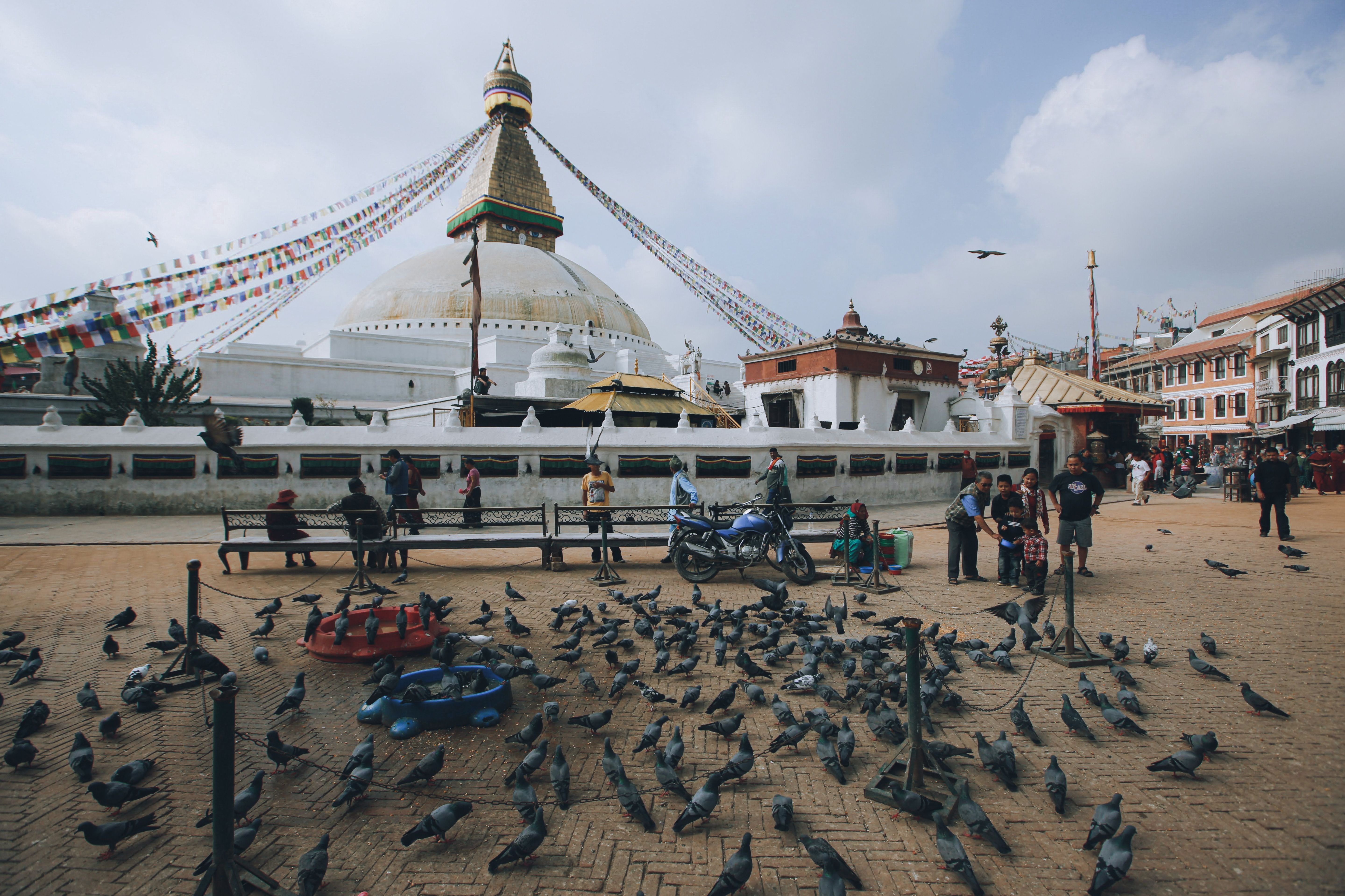 Visitors and pigeons gather at the iconic Boudhanath Stupa in Kathmandu, Nepal.