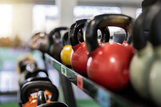 Close-up of colorful kettlebells on a rack in a modern gym indoors.
