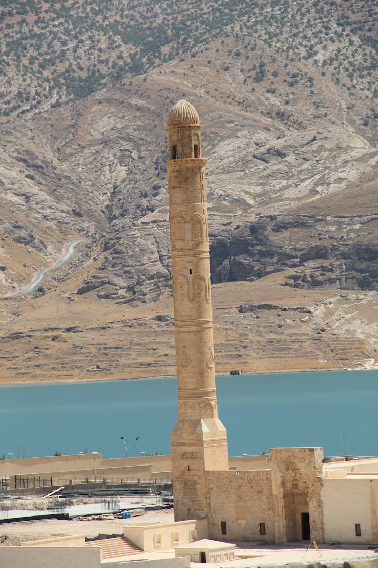 Mountain Lake Landscape With Minaret Of Er Rizk Mosque, Turkey