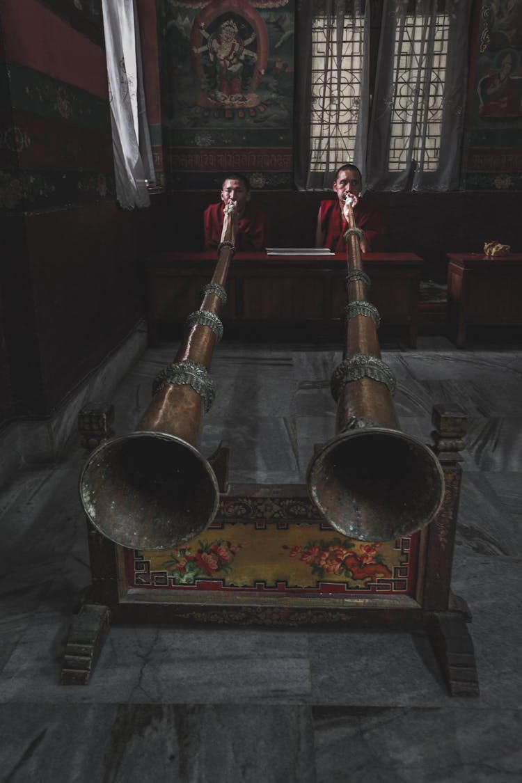 Monks Blowing Tibetan Horns 