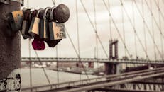 纽约桥上爱情锁的特写，背景是城市天际线