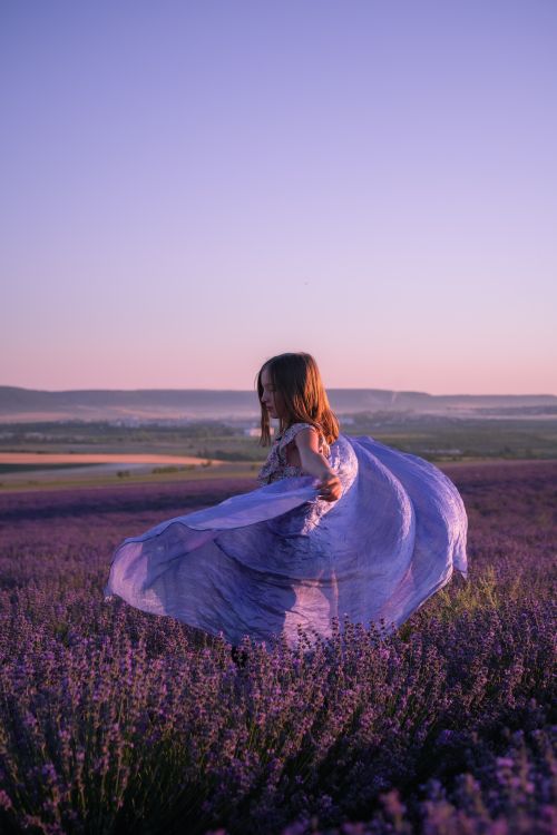 Free A woman twirls in a lavender field during sunset, her dress flowing amidst the bloom. Stock Photo