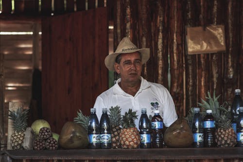 Man Standing behind the Counter in a Beach Bar 