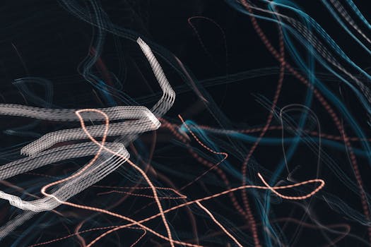 Abstract image showcasing dynamic light trails with motion lines on a dark background.