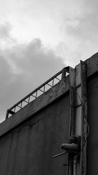 Black and white photo of an urban building facade with a cloudy sky above.