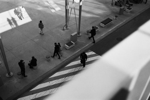 Free Monochrome shot of pedestrians walking along a city sidewalk, showcasing urban life. Stock Photo