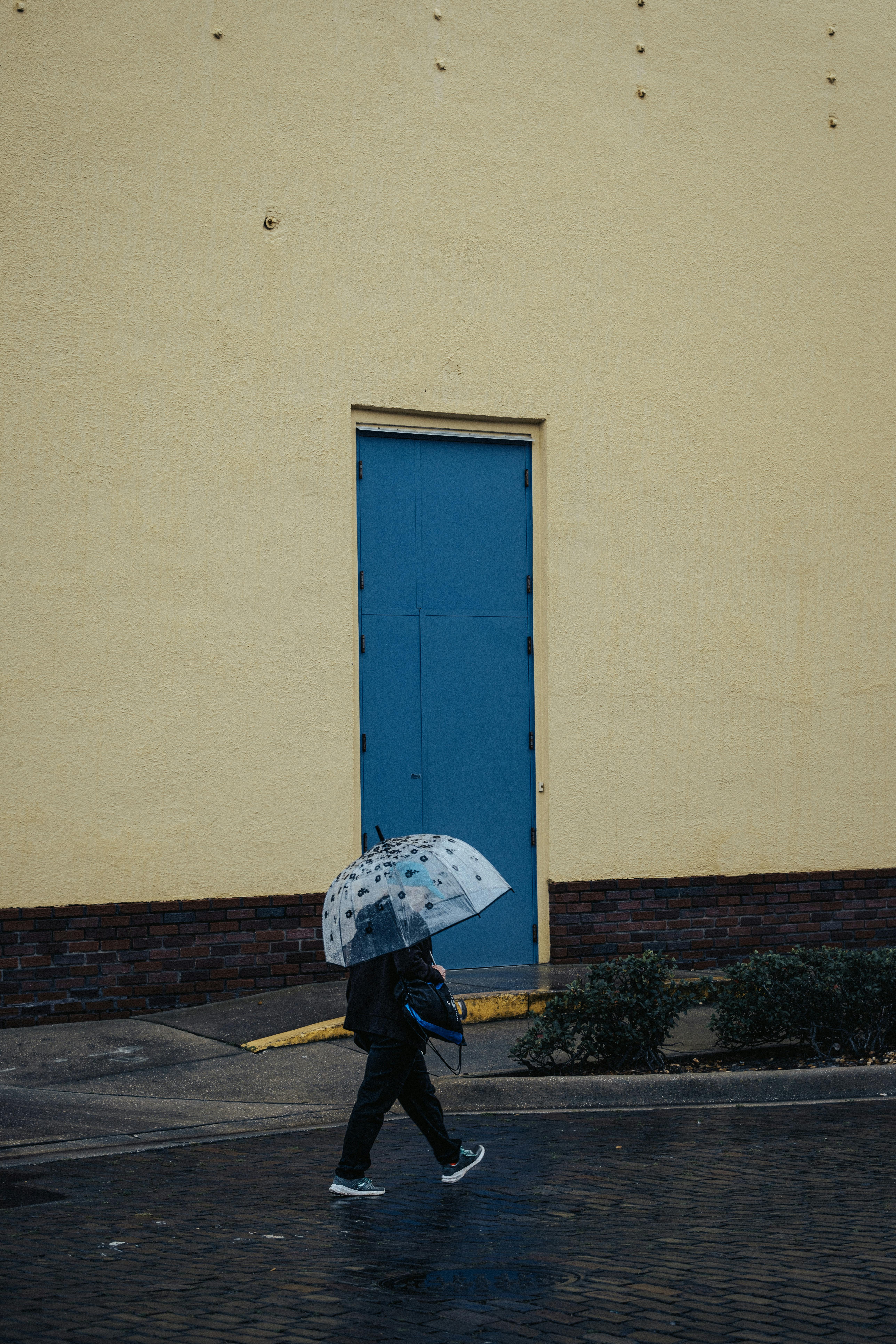 person in black jacket holding umbrella walking on sidewalk