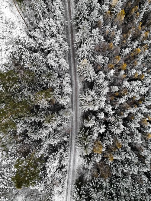 Free Aerial shot of a snow-covered road winding through a forest in Ilmenau, Germany, during winter. Stock Photo