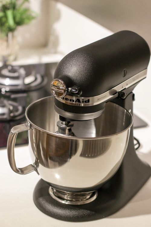 KitchenAid stand mixer on white counter