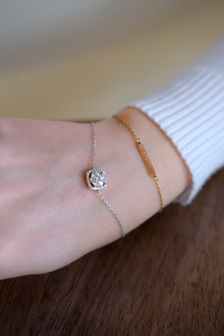 Woman Wearing Silver Bracelet With Diamond