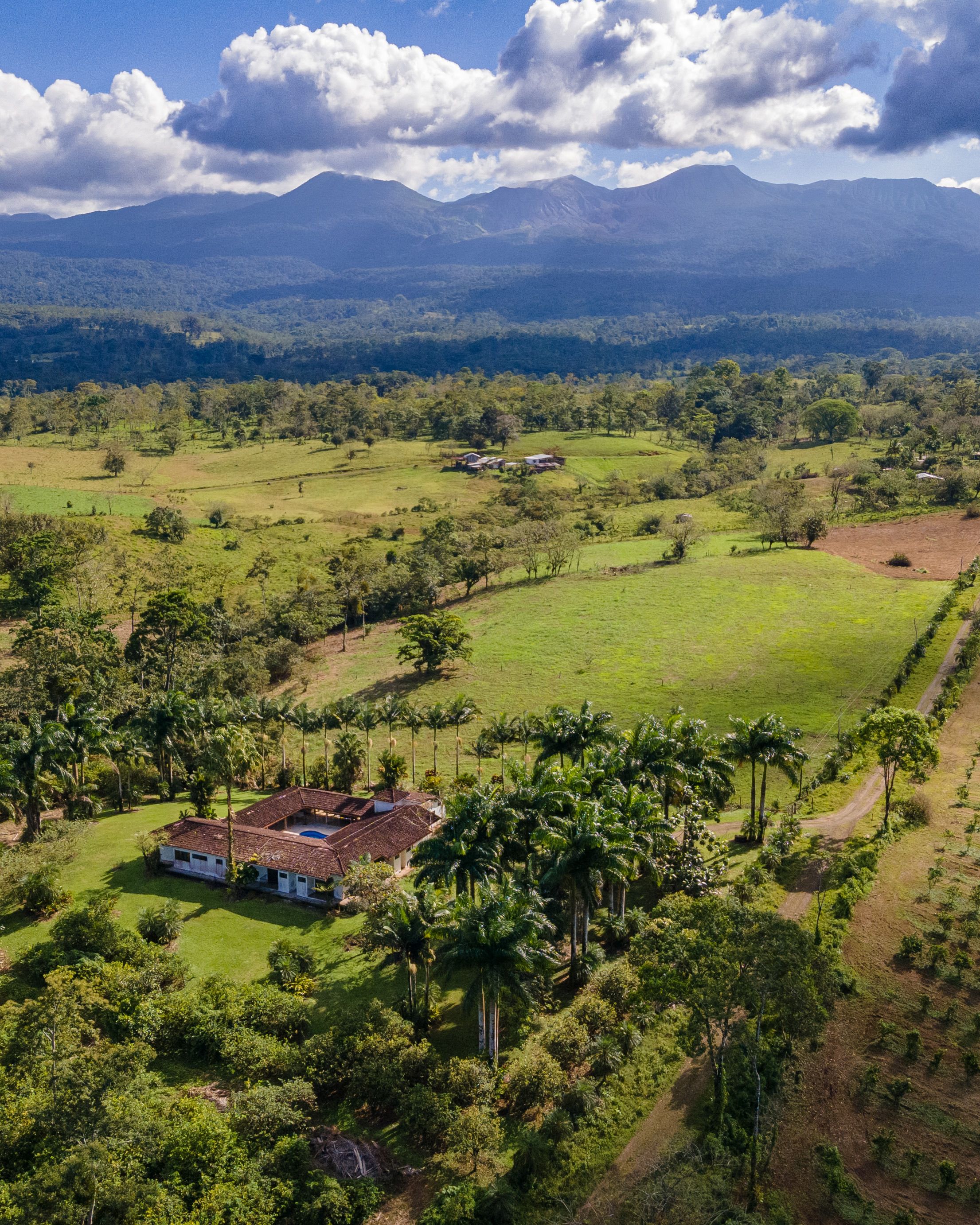 A house set into dense Costa Rican tropical vegetation with a wide roof and open frontage.