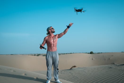 Muscular man controls drone in the scenic Dubai desert landscape.