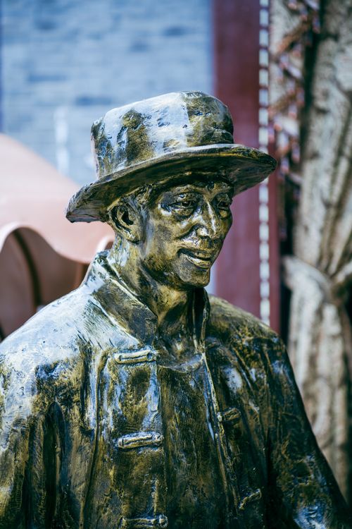 Free Close-up of a bronze statue of a man in a hat, captured outdoors. Stock Photo