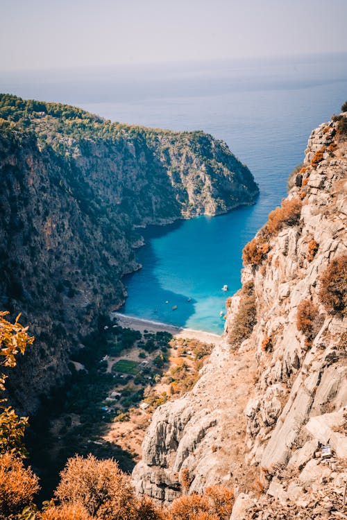 High Angle View of Cliffs and Blue Sea