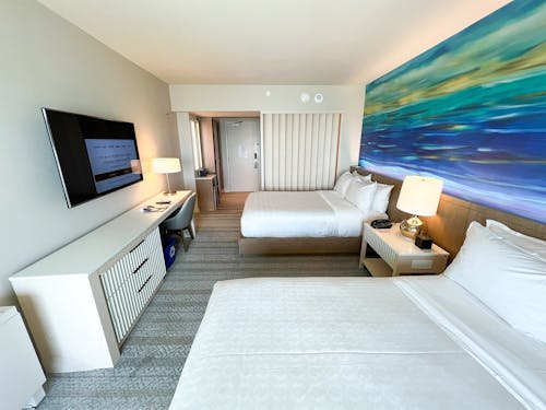 Wide Angle View of a Hotel Room with a Blue Painting