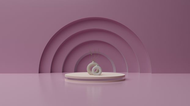 Modern pink minimalist scene featuring abstract vases on pedestal.