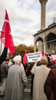 A group of people holding Turkish flags and signs during a protest.