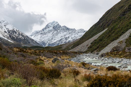 Majestic snow-covered mountains and winding river under a cloudy sky.