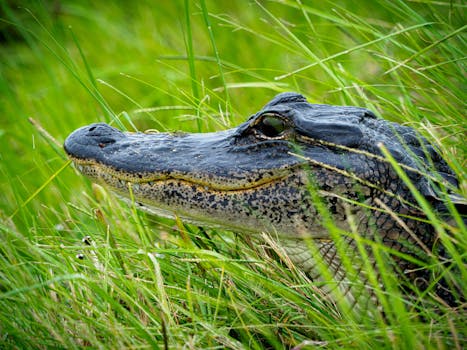 Detailed close-up of an alligator partially submerged in lush green grass.