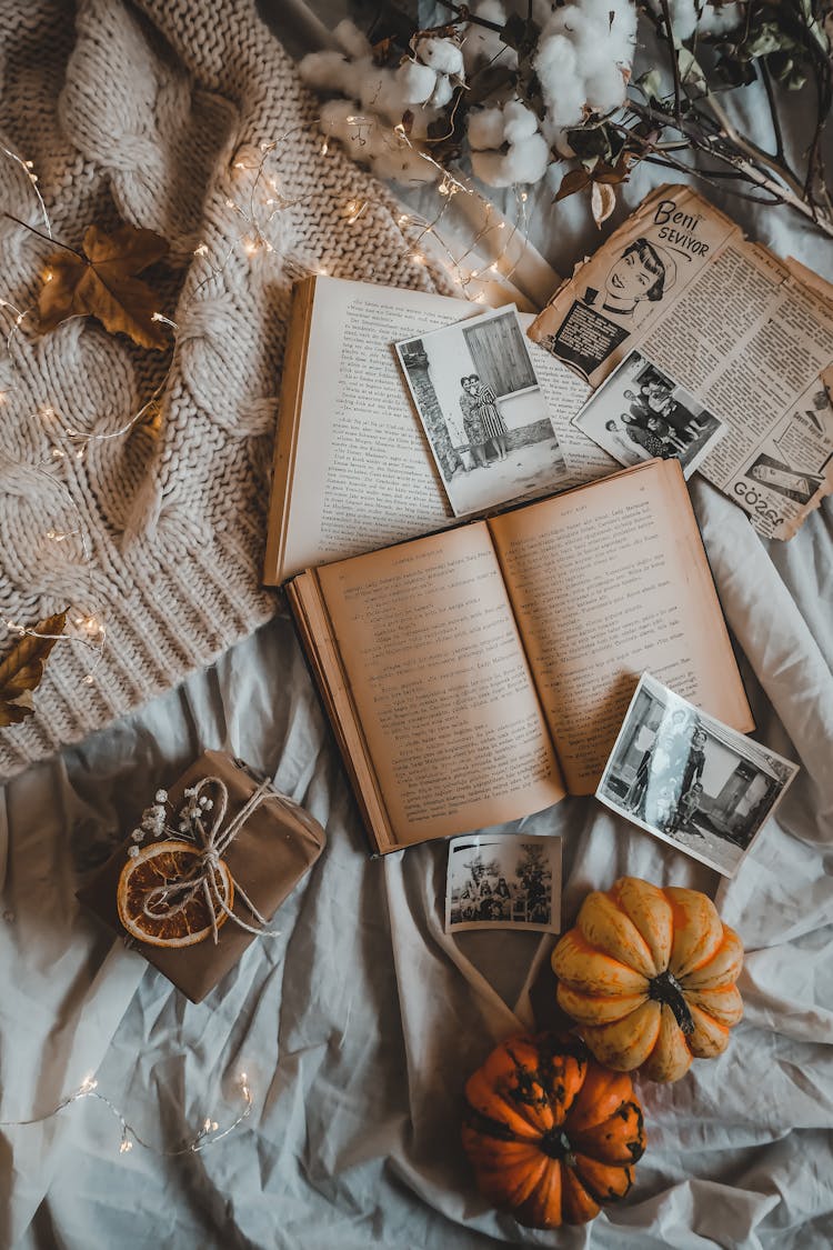 Top View Of Books And Pumpkins