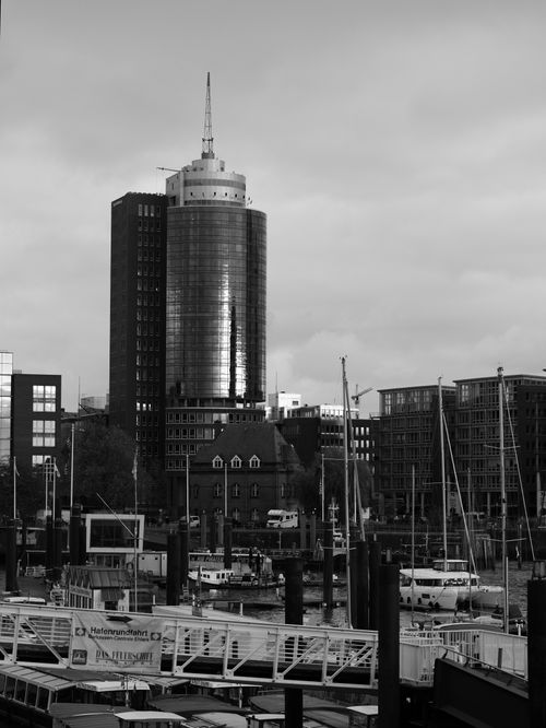 Free Black and white view of Hamburg's Hanseatic Trade Center skyline with harbor. Stock Photo