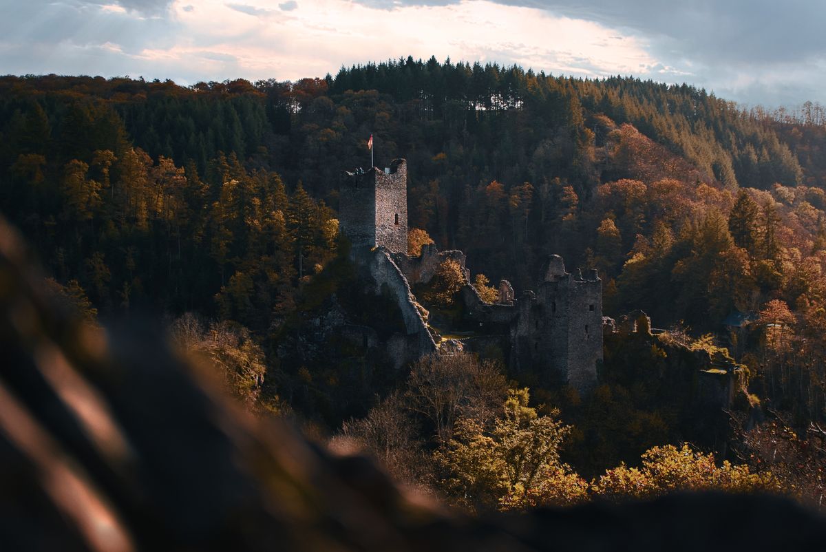 Ruinele castelului Manderscheid in padure de toamna