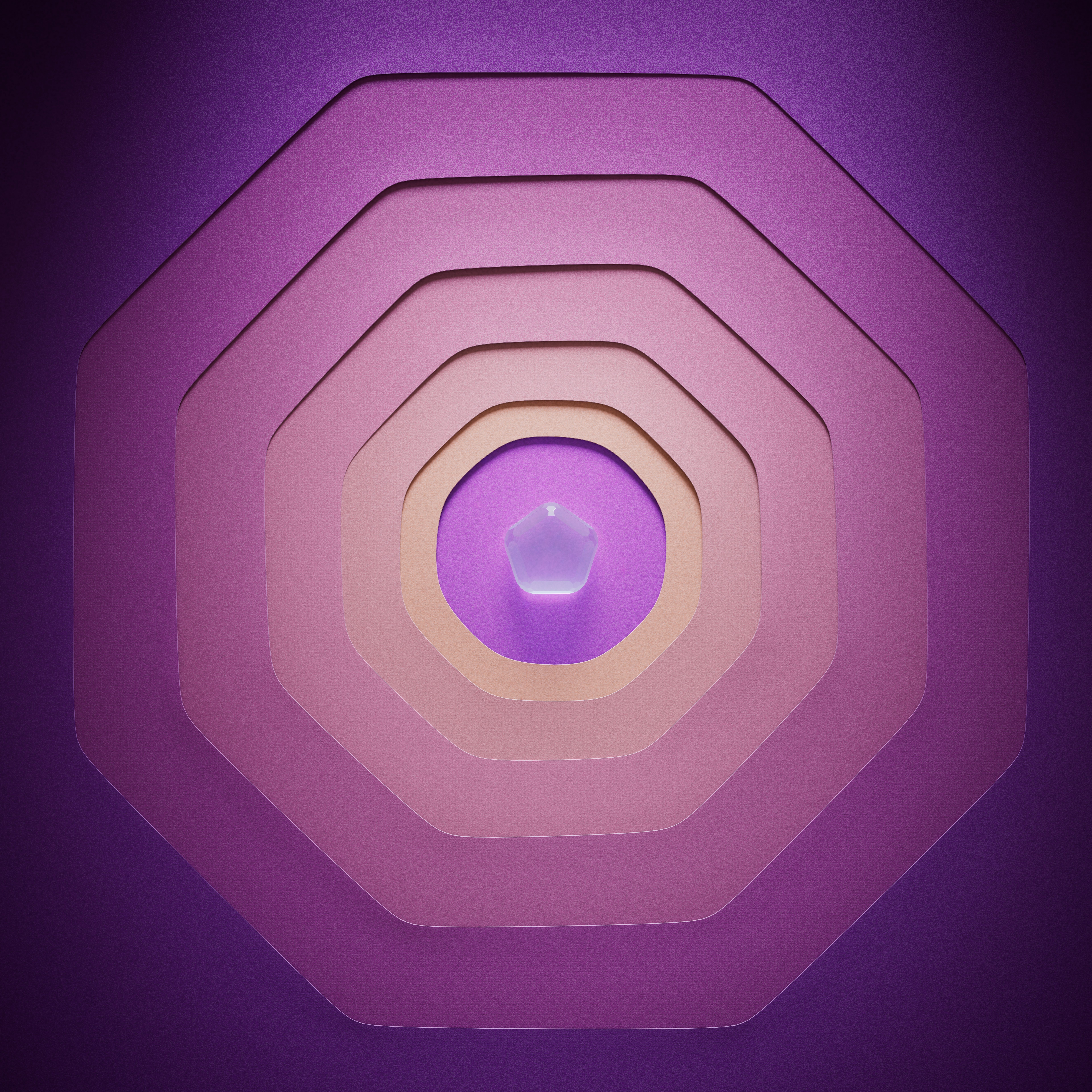 A vibrant geometric pattern in purple featuring layered shapes and a central gem.