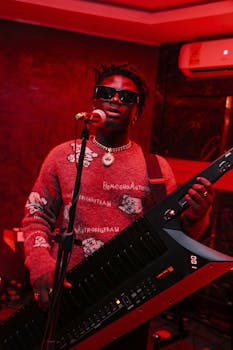 Musician performing with a keytar in a vibrant Accra venue. Live music atmosphere.