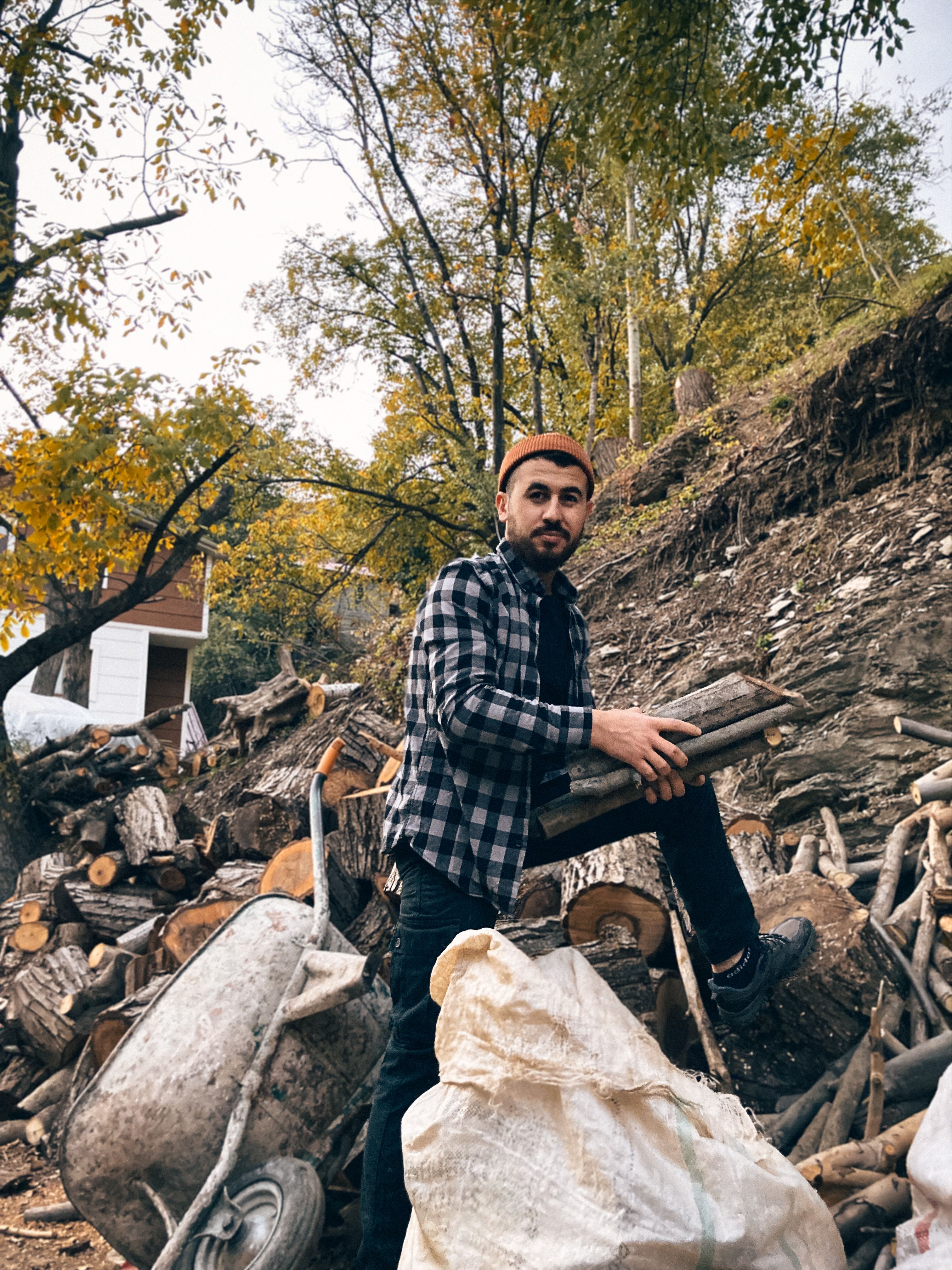 Man collecting firewood with a wheelbarrow in a forest during autumn in Kepirli, Türkiye.