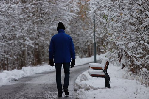 Free Person in blue jacket walking on a snow-covered path through a winter forest. Stock Photo
