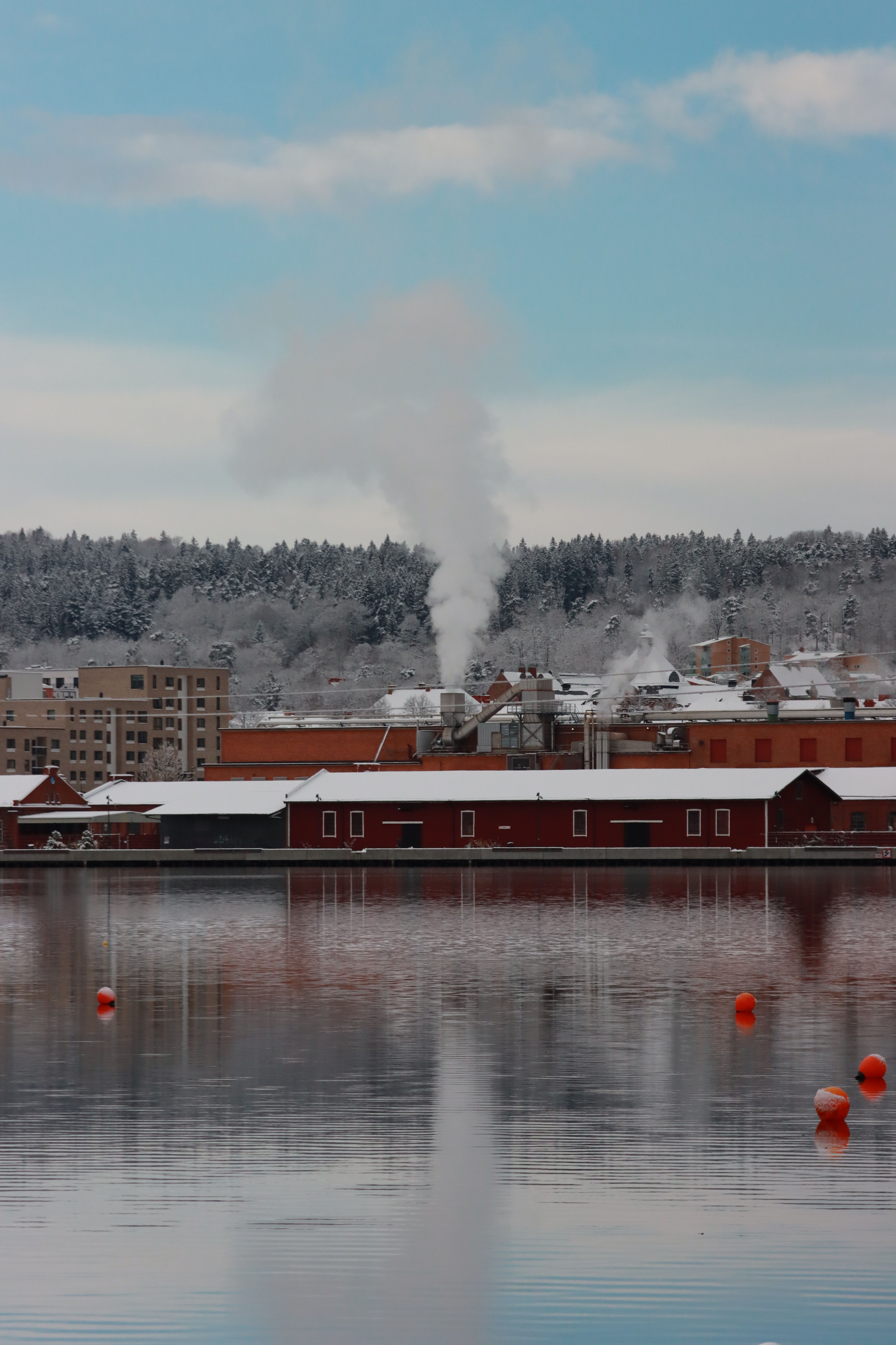 A serene winter scene of a town by the river, with smoke rising from chimneys and snow-covered trees.
